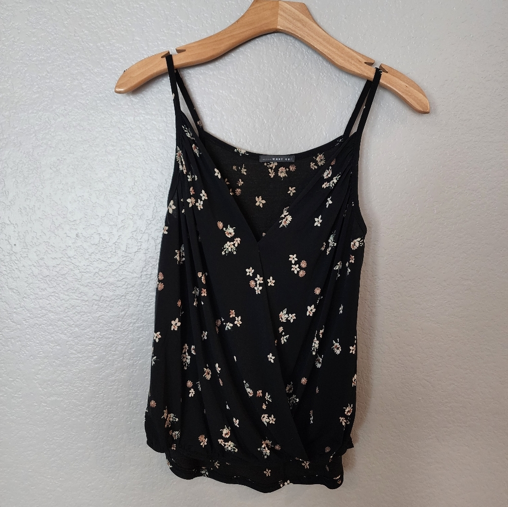 West Kei Black Floral Faux Wrap Top